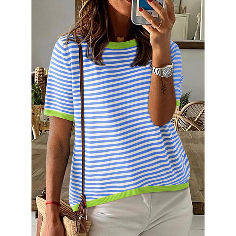 Womens Tops Casual Summer Crewneck Short Sleeve Striped Color Block Trendy Pullover Sweaters