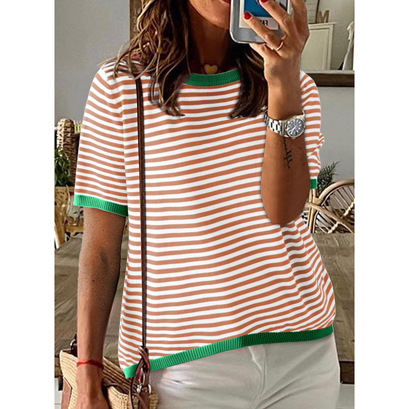 Womens Tops Casual Summer Crewneck Short Sleeve Striped Color Block Trendy Pullover Sweaters